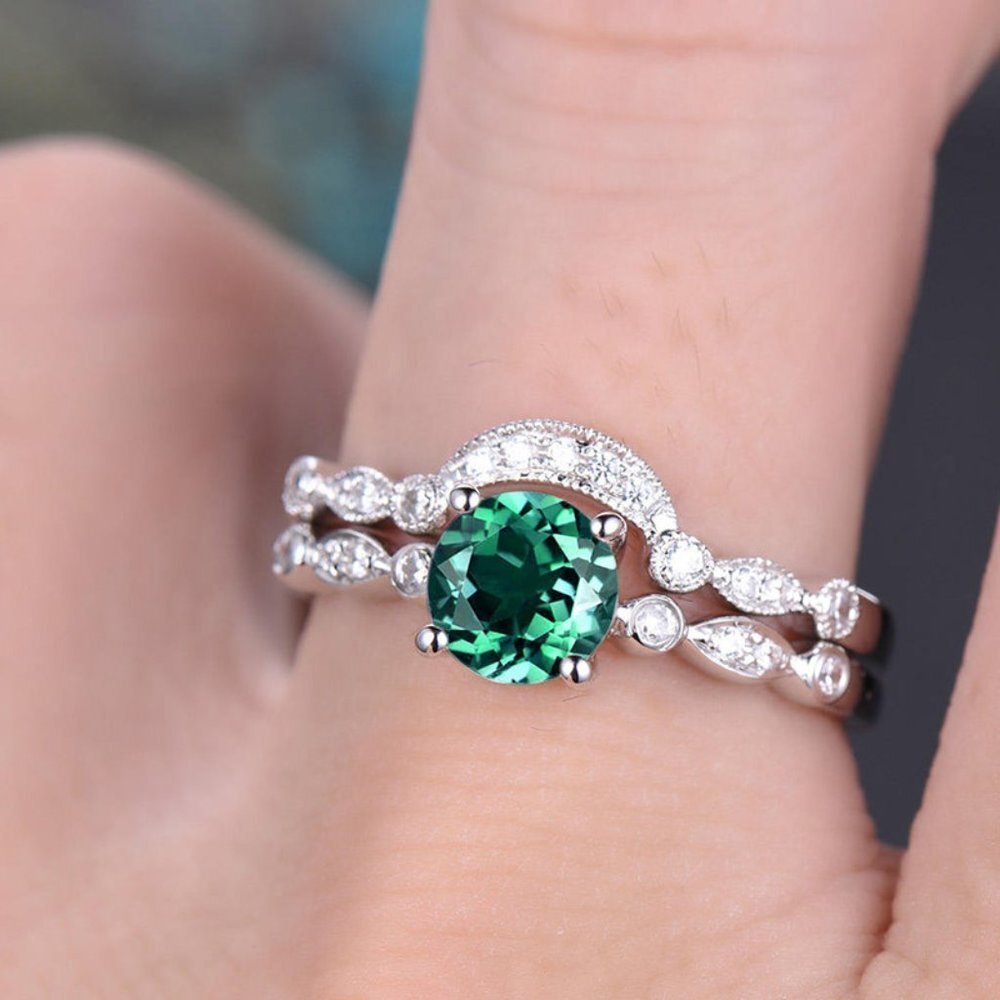 Retro Beautiful Bright Green Round CZ Silver Ring for Women, EVGG1272